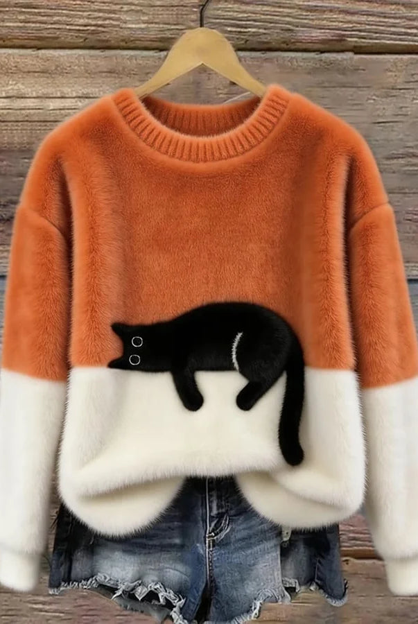 Women's Casual Pullover Sweater with Cat Print Design 0