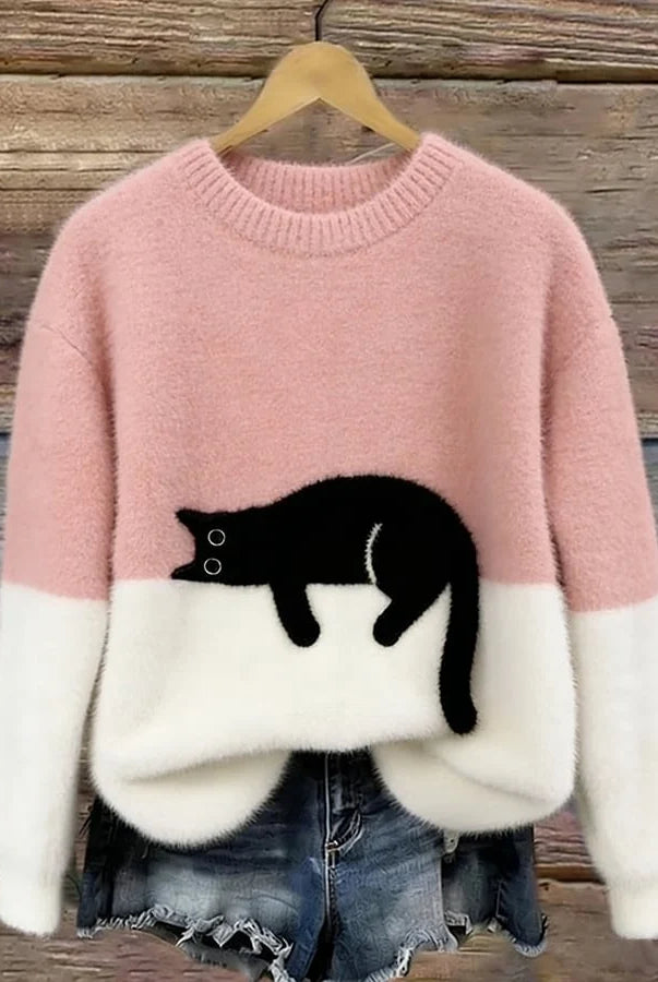 Women's Casual Pullover Sweater with Cat Print Design 1