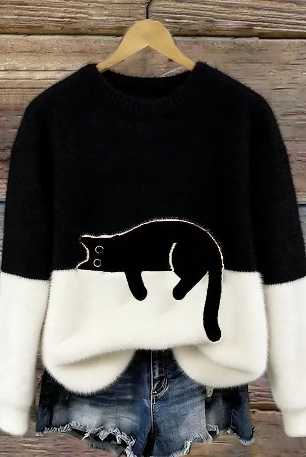 Women's Casual Pullover Sweater with Cat Print Design 2