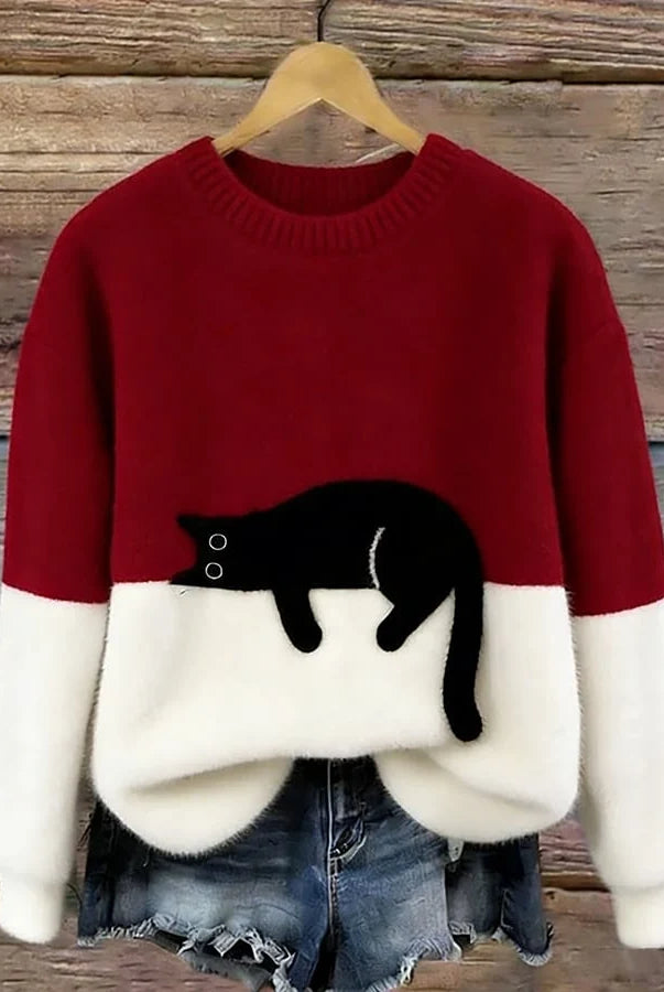 Women's Casual Pullover Sweater with Cat Print Design 3