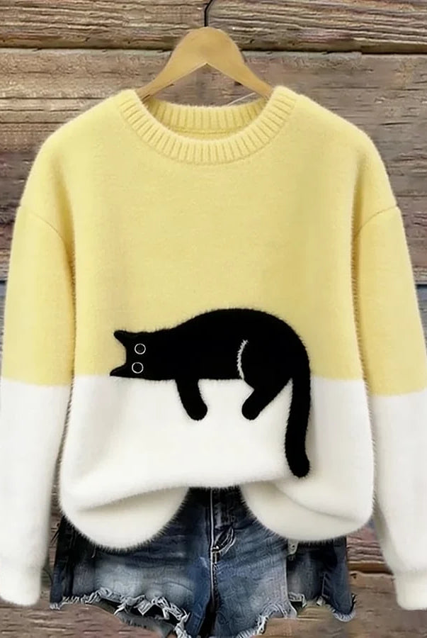 Women's Casual Pullover Sweater with Cat Print Design 4
