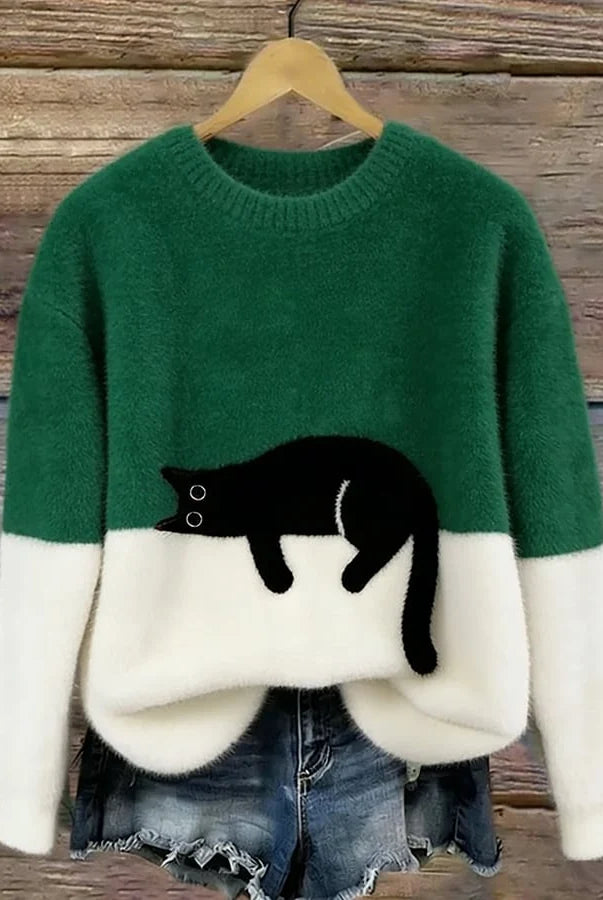 Women's Casual Pullover Sweater with Cat Print Design 5
