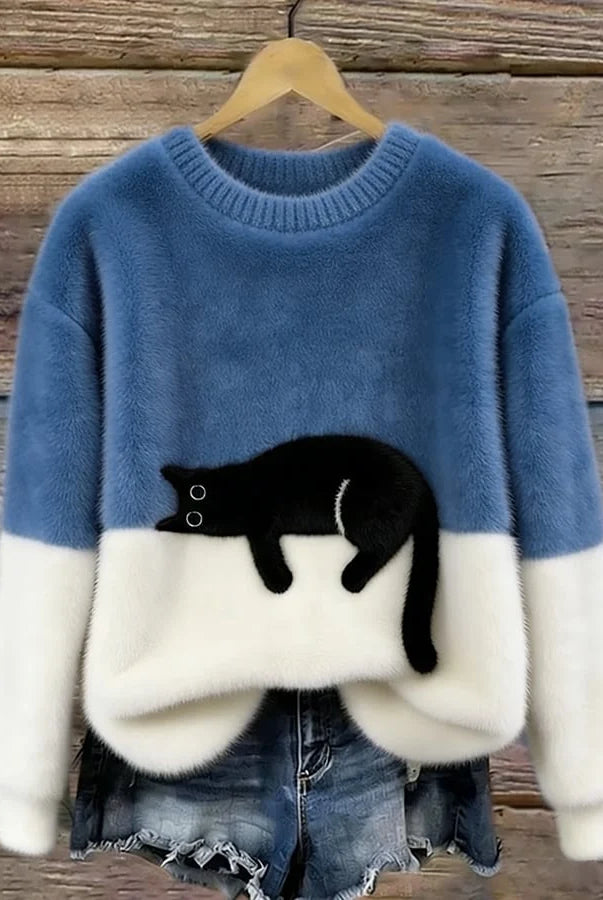 Women's Casual Pullover Sweater with Cat Print Design 6