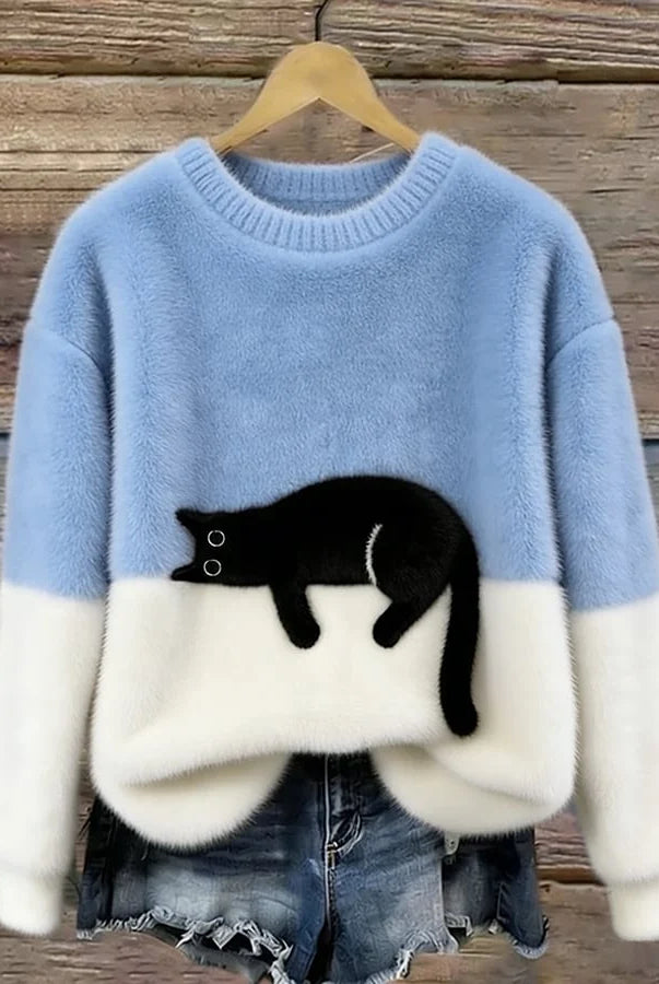 Women's Casual Pullover Sweater with Cat Print Design 7