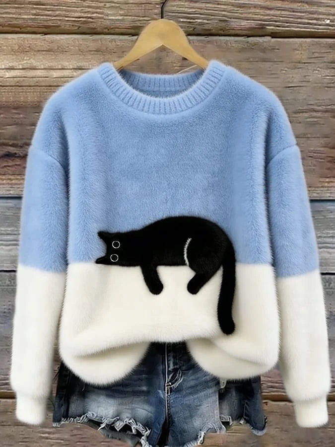 Women's Casual Pullover Sweater with Cat Print Design 7
