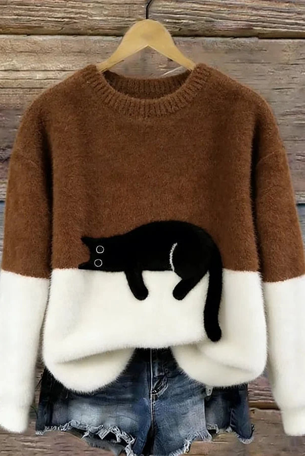 Women's Casual Pullover Sweater with Cat Print Design 8