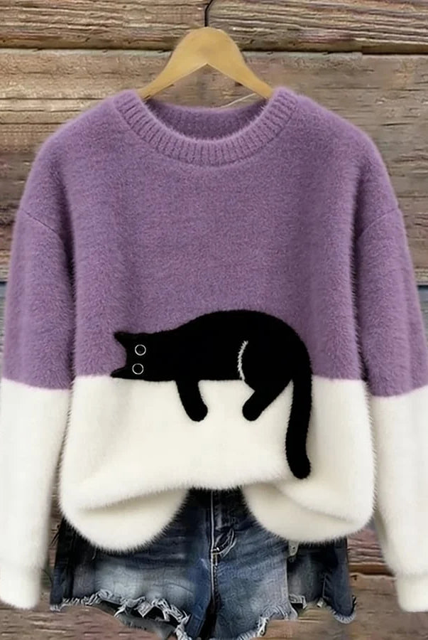 Women's Casual Pullover Sweater with Cat Print Design 9