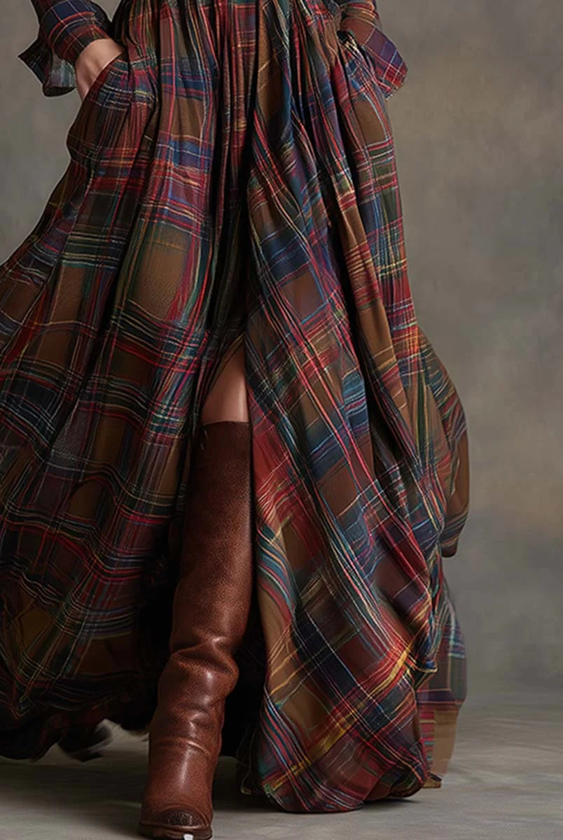Women's Classic Plaid Button-Down Shirt Dress with Flowing Silhouette 3