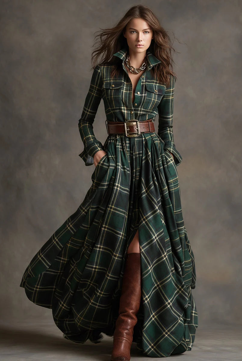 Women's Classic Plaid Button-Down Shirt Dress with Flowing Silhouette 4