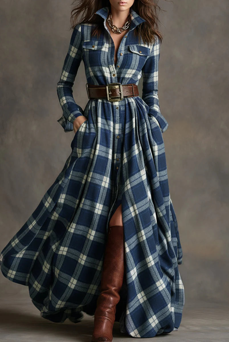 Women's Classic Plaid Button-Down Shirt Dress with Flowing Silhouette 9