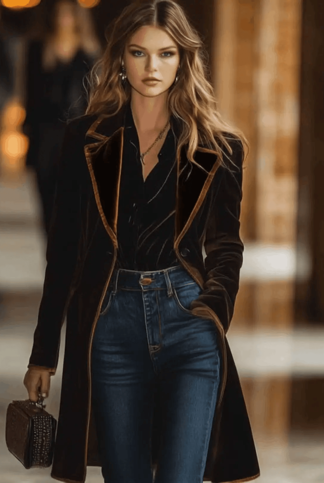 Women's Color-Block Velvet Lapel Coat with Pockets 1