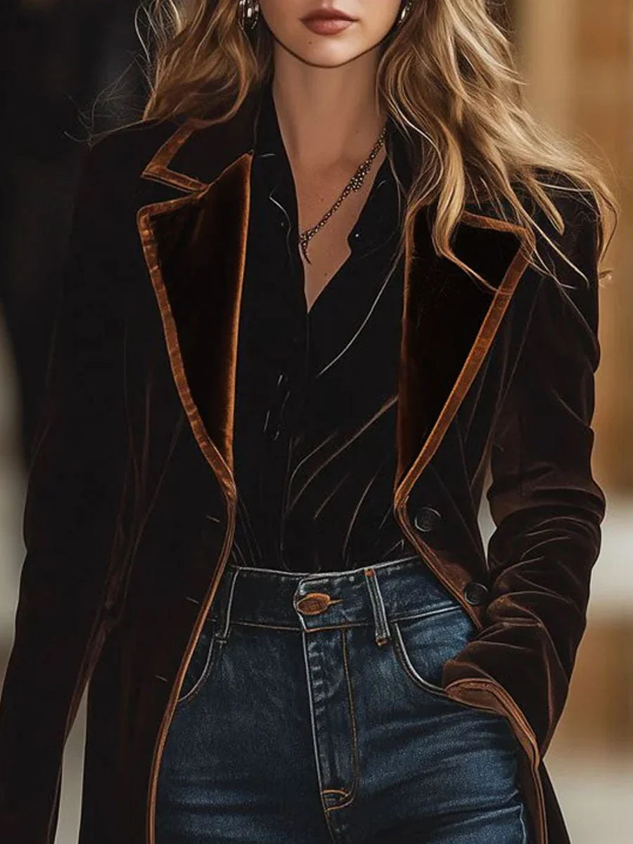 Women's Color-Block Velvet Lapel Coat with Pockets 6