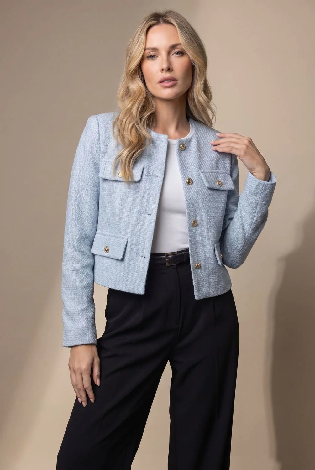 Women's Cropped Collarless Tweed Blazer with Gold Buttons and Flap Pockets 0