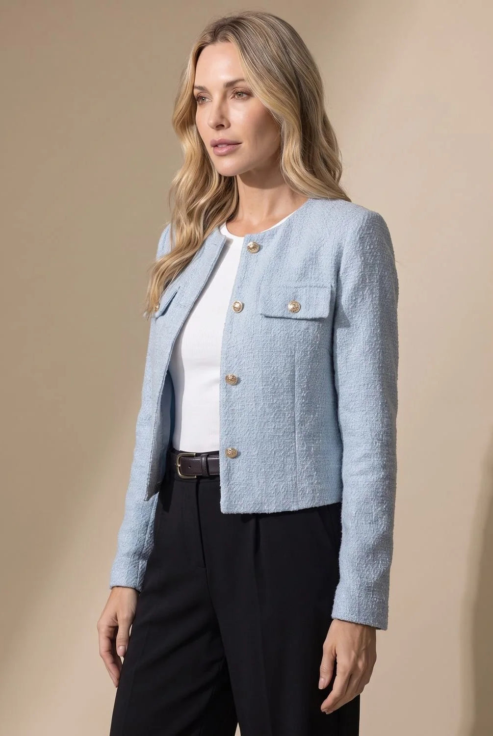 Women's Cropped Collarless Tweed Blazer with Gold Buttons and Flap Pockets 1
