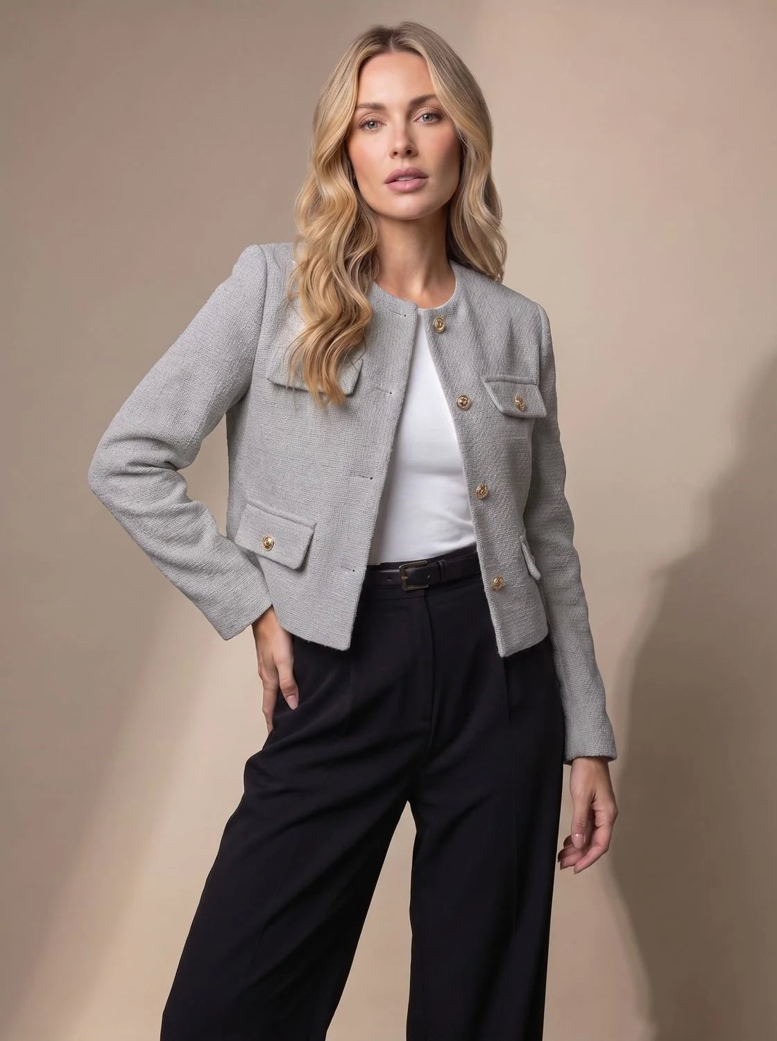 Women's Cropped Collarless Tweed Blazer with Gold Buttons and Flap Pockets 10