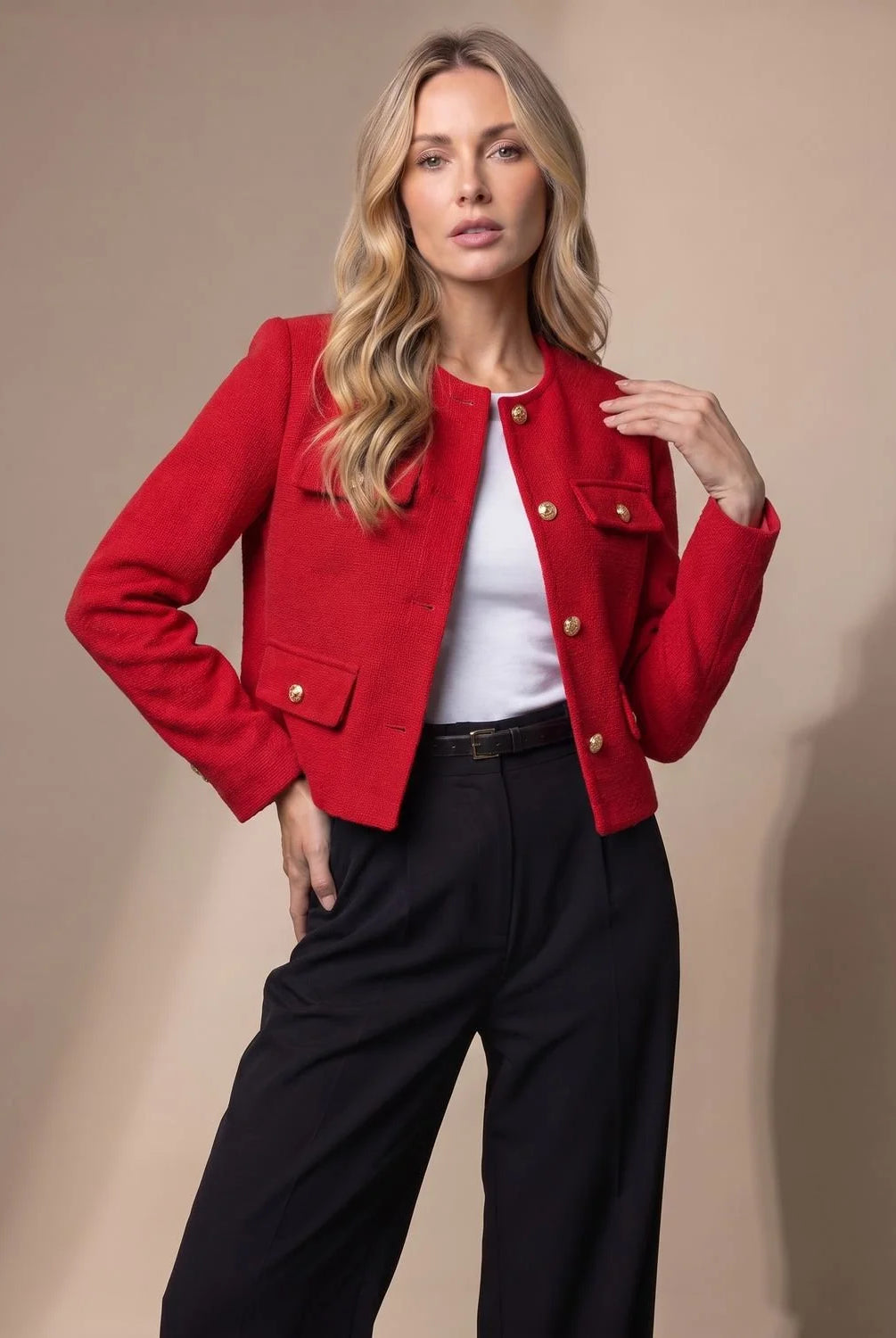 Women's Cropped Collarless Tweed Blazer with Gold Buttons and Flap Pockets 11