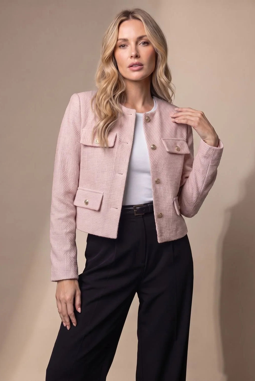 Women's Cropped Collarless Tweed Blazer with Gold Buttons and Flap Pockets 12