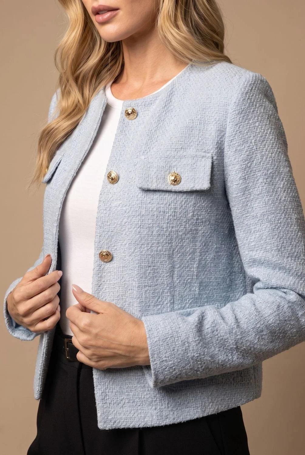 Women's Cropped Collarless Tweed Blazer with Gold Buttons and Flap Pockets 2