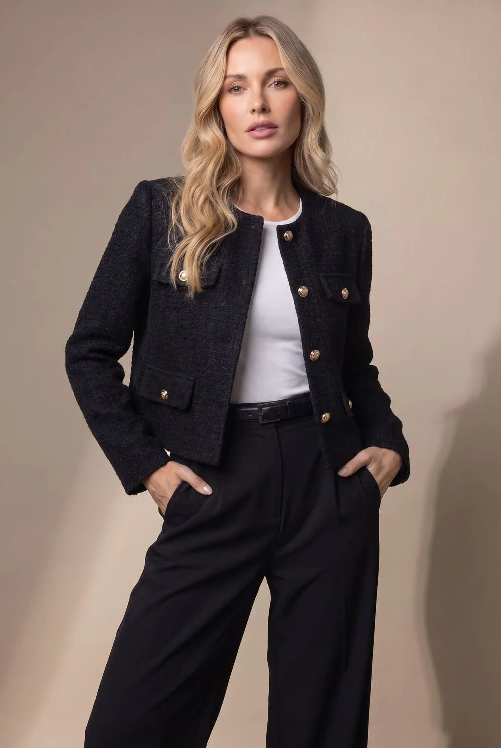 Women's Cropped Collarless Tweed Blazer with Gold Buttons and Flap Pockets 3