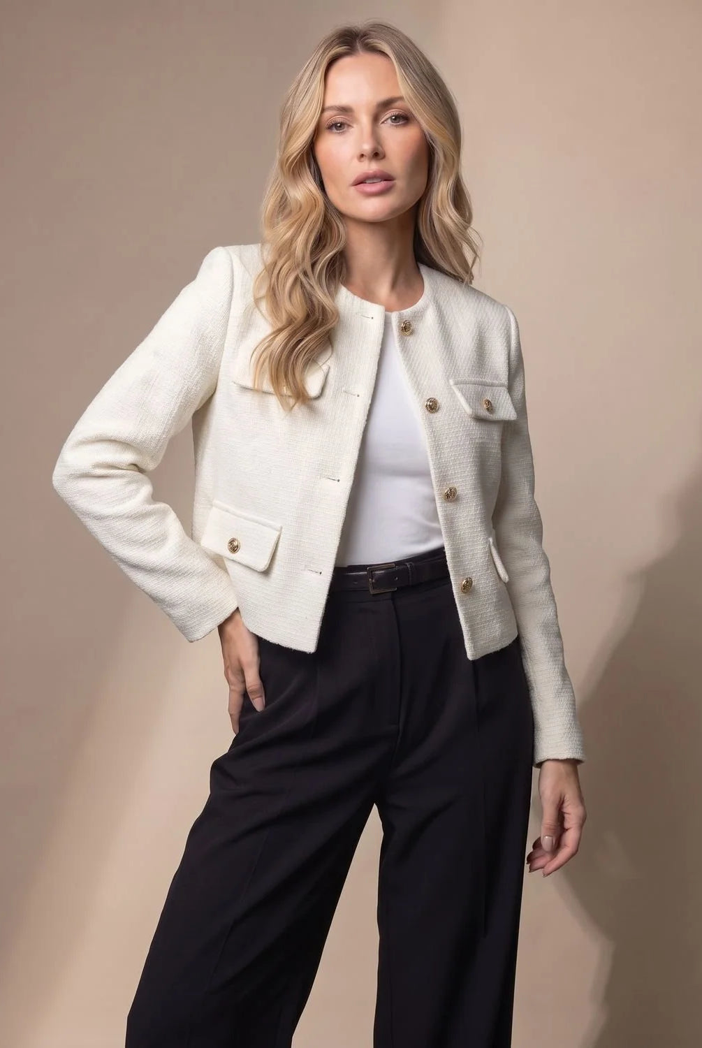 Women's Cropped Collarless Tweed Blazer with Gold Buttons and Flap Pockets 4