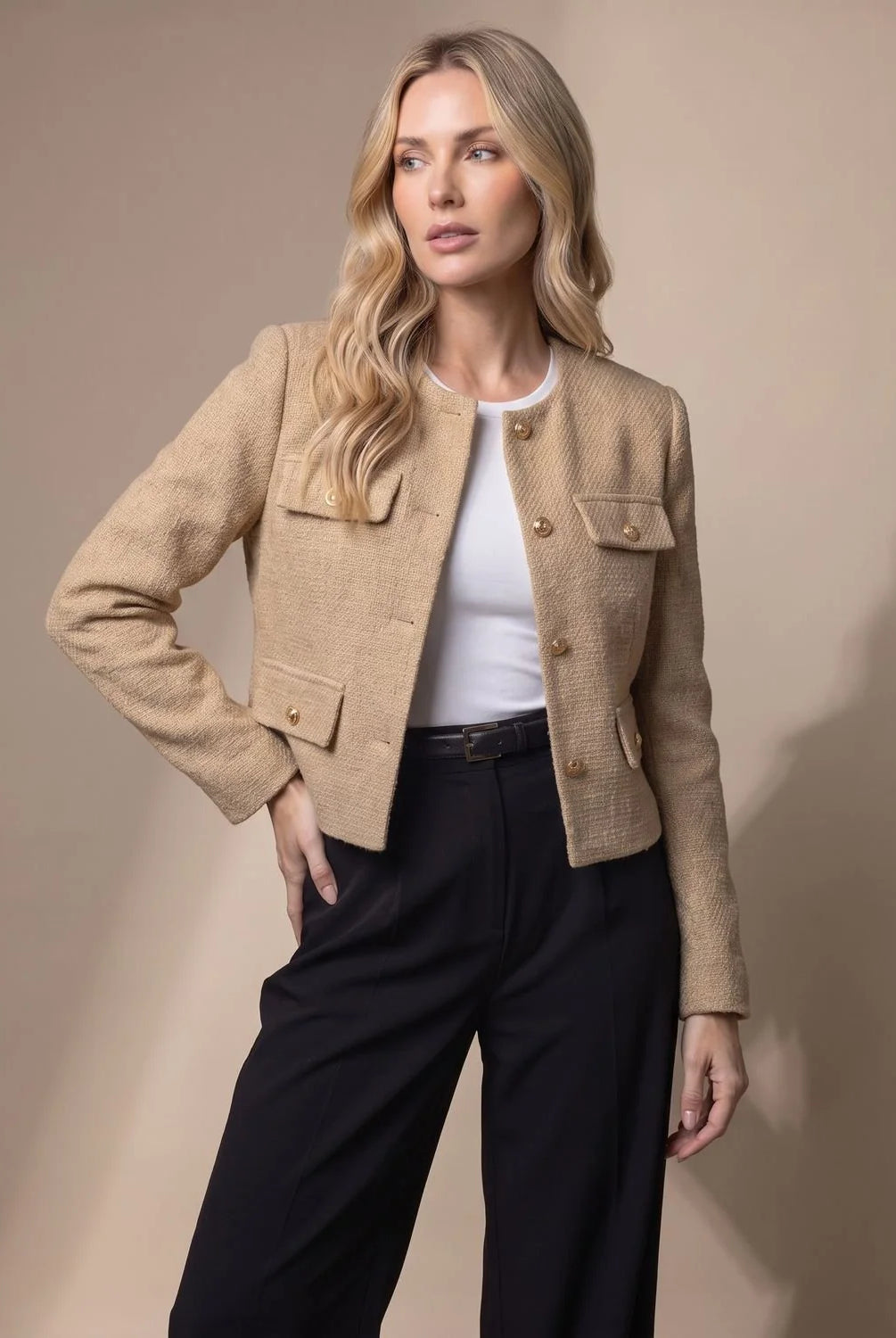 Women's Cropped Collarless Tweed Blazer with Gold Buttons and Flap Pockets 5