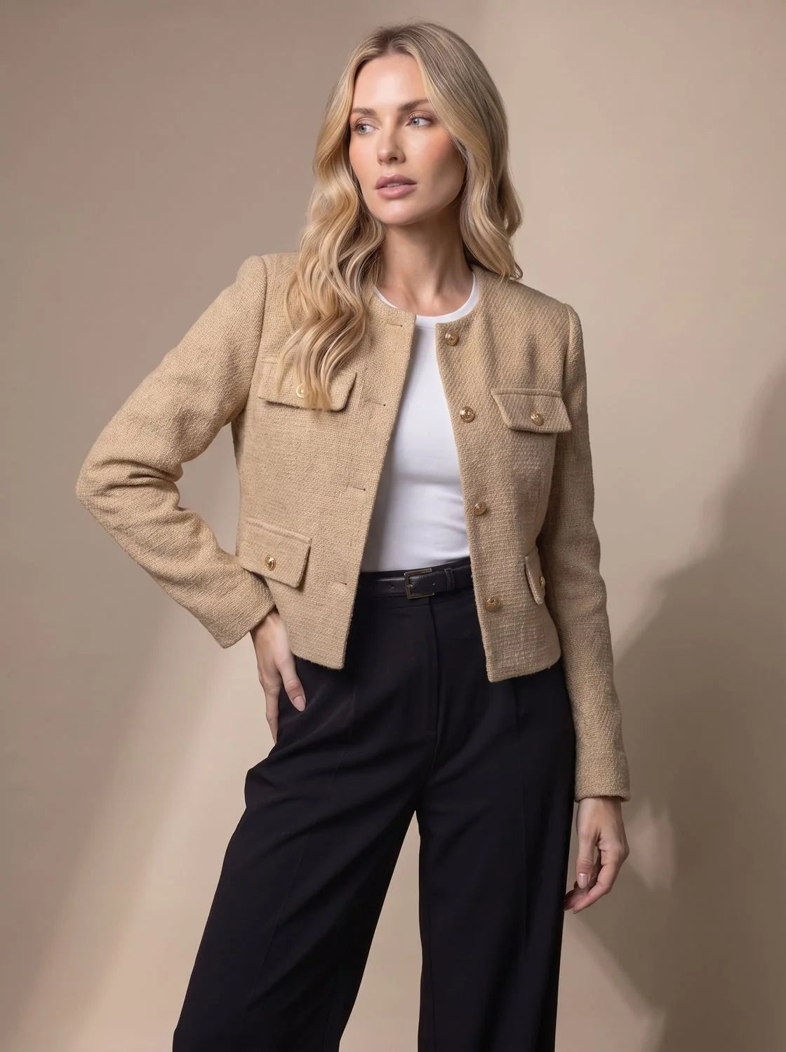 Women's Cropped Collarless Tweed Blazer with Gold Buttons and Flap Pockets 5
