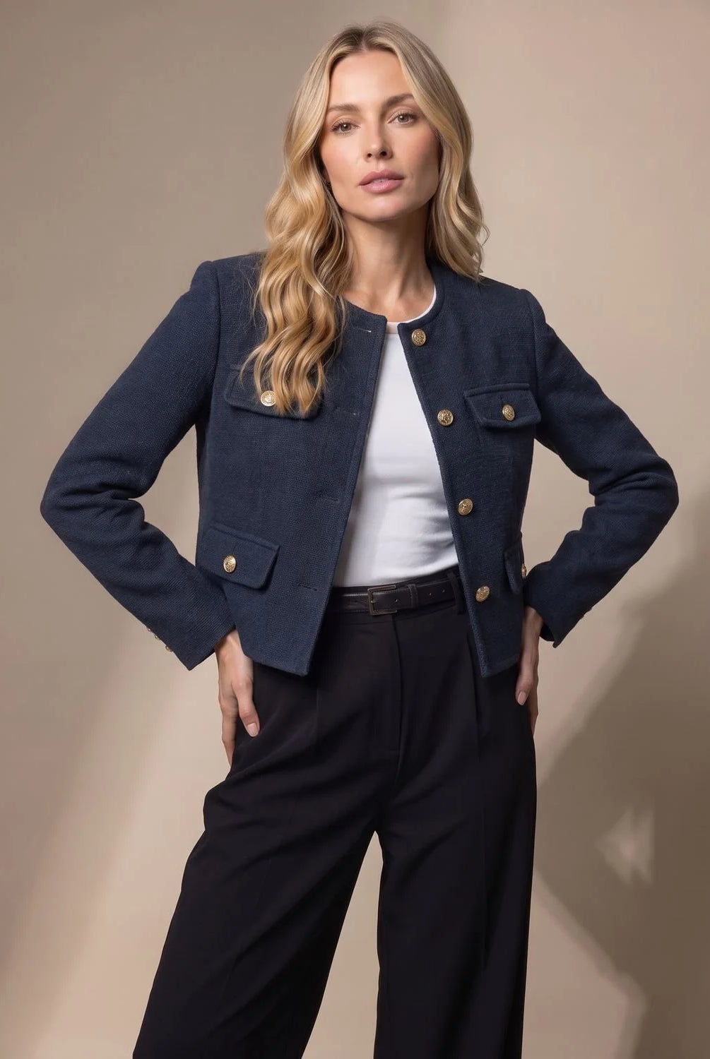 Women's Cropped Collarless Tweed Blazer with Gold Buttons and Flap Pockets 6