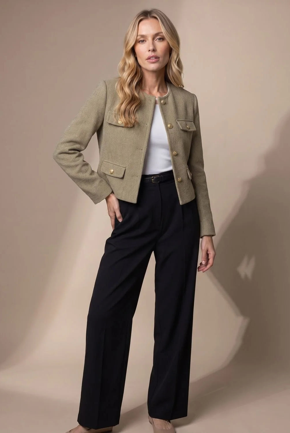 Women's Cropped Collarless Tweed Blazer with Gold Buttons and Flap Pockets 9