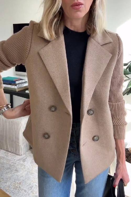 Women's Double-Breasted Blazer with Knitted Sleeves and Notched Lapel 0