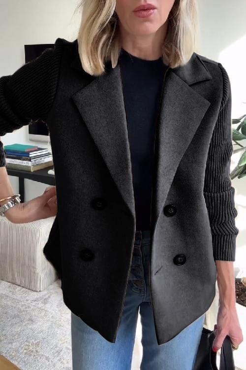 Women's Double-Breasted Blazer with Knitted Sleeves and Notched Lapel 4