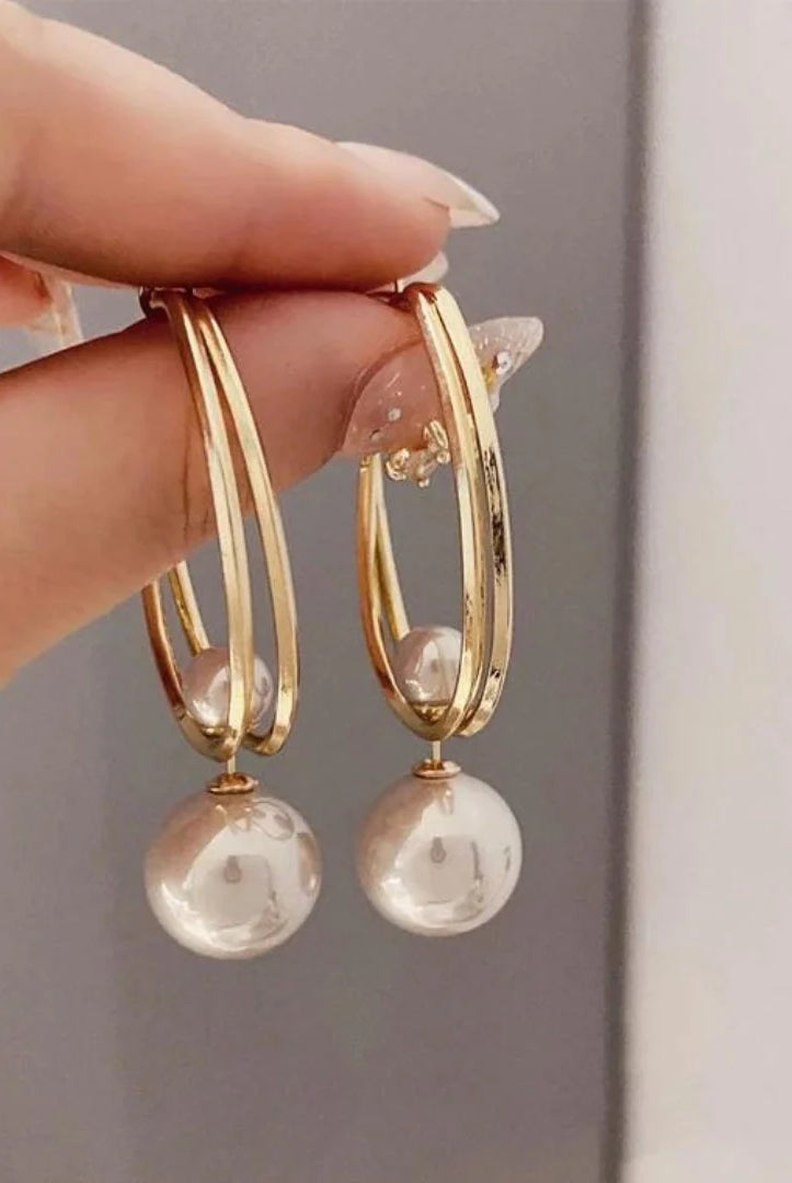 Women's Double-Hoop Gold Tone Pearl Drop Earrings 0