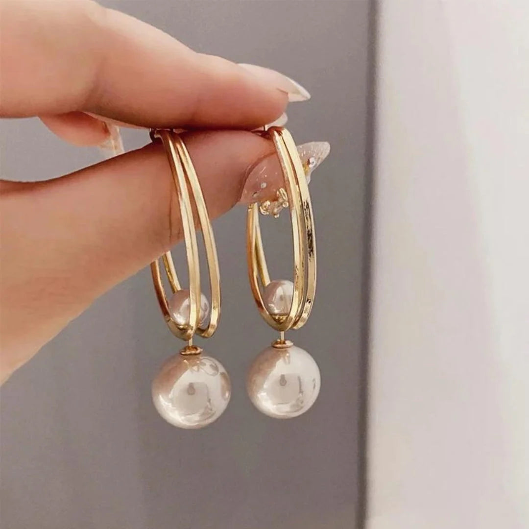 Women's Double-Hoop Gold Tone Pearl Drop Earrings 0