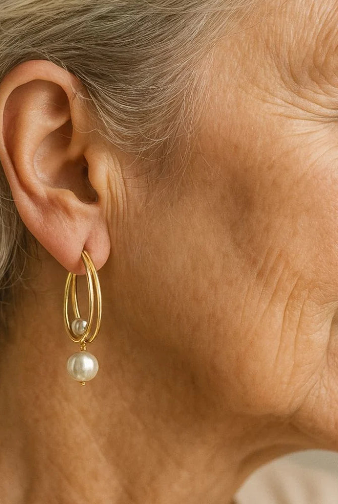 Women's Double-Hoop Gold Tone Pearl Drop Earrings 1