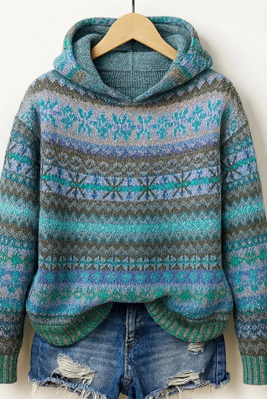 Women's Fair Isle Knit Hoodie with Attached Hood and Ribbed Cuffs 0