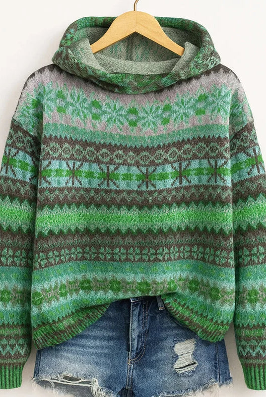 Women's Fair Isle Knit Hoodie with Attached Hood and Ribbed Cuffs 1