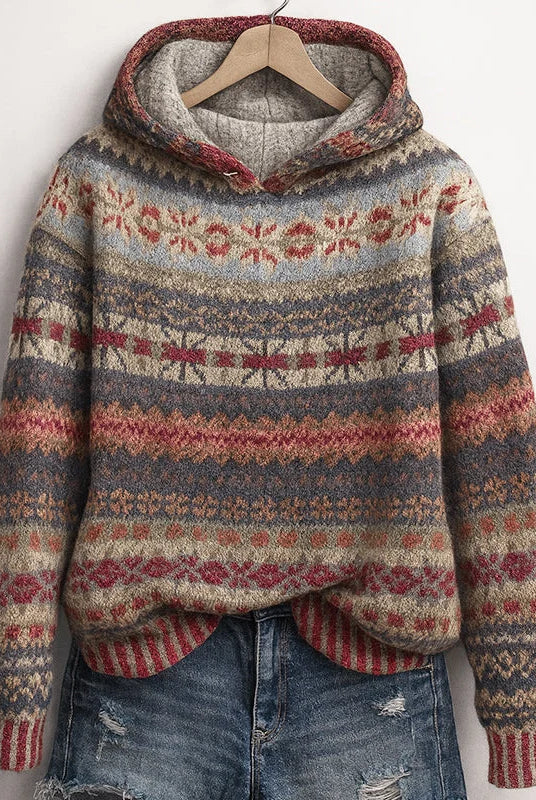 Women's Fair Isle Knit Hoodie with Attached Hood and Ribbed Cuffs 2