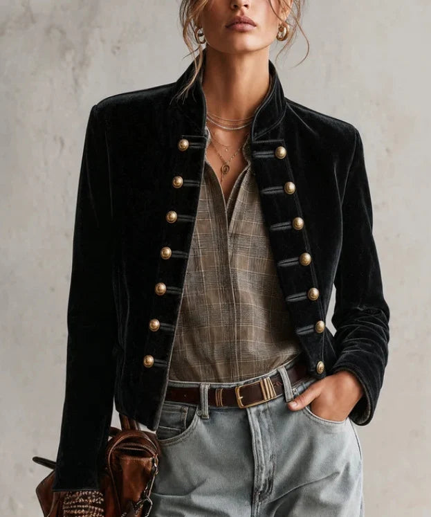 Women's Fitted Velvet Military-Style Blazer with Double-Row Buttons 0