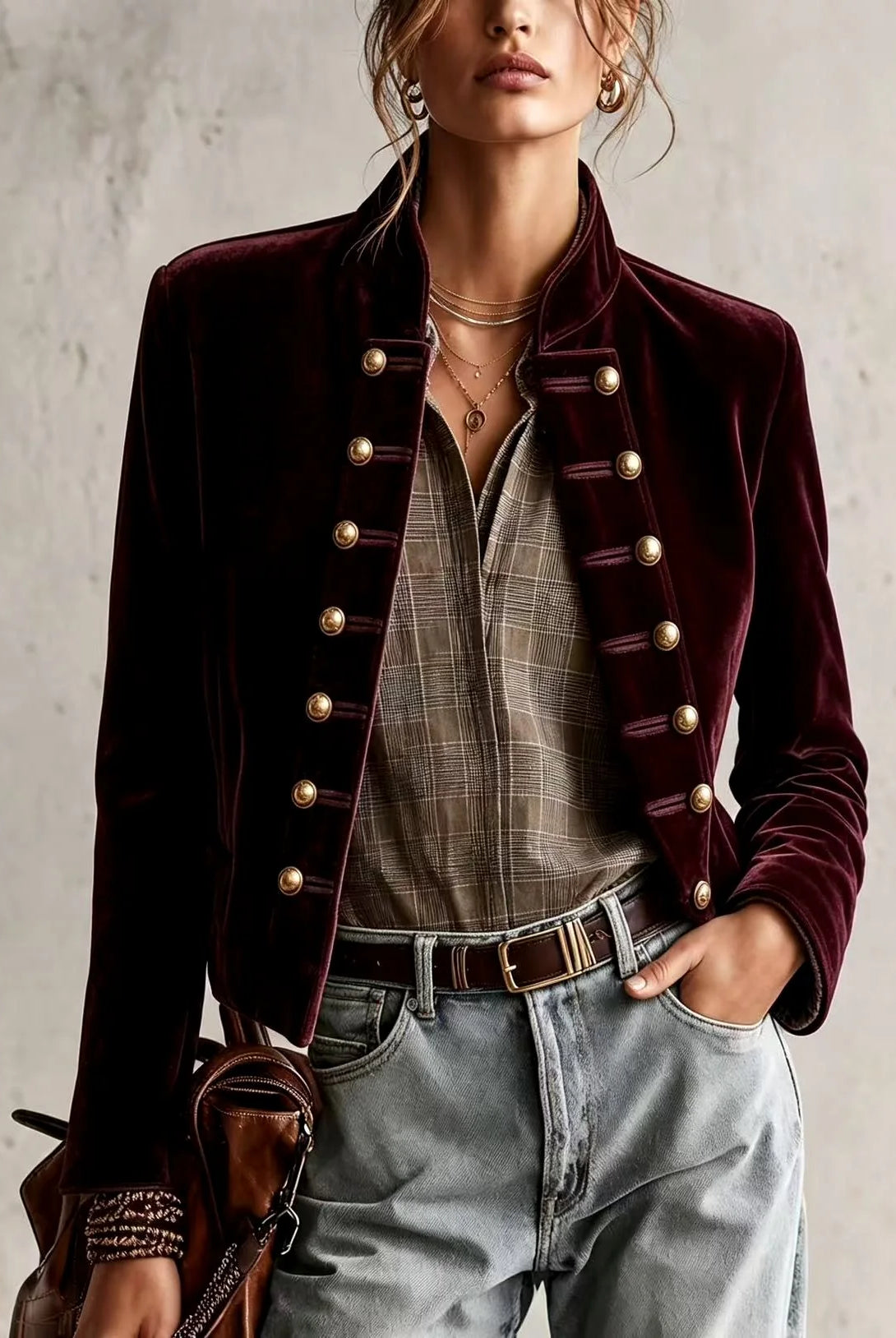 Women's Fitted Velvet Military-Style Blazer with Double-Row Buttons 2