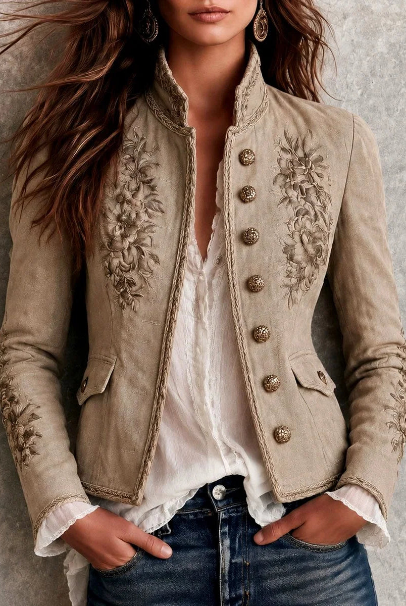 Women's Floral Embroidered Stand Collar Blazer with Braided Edging 0