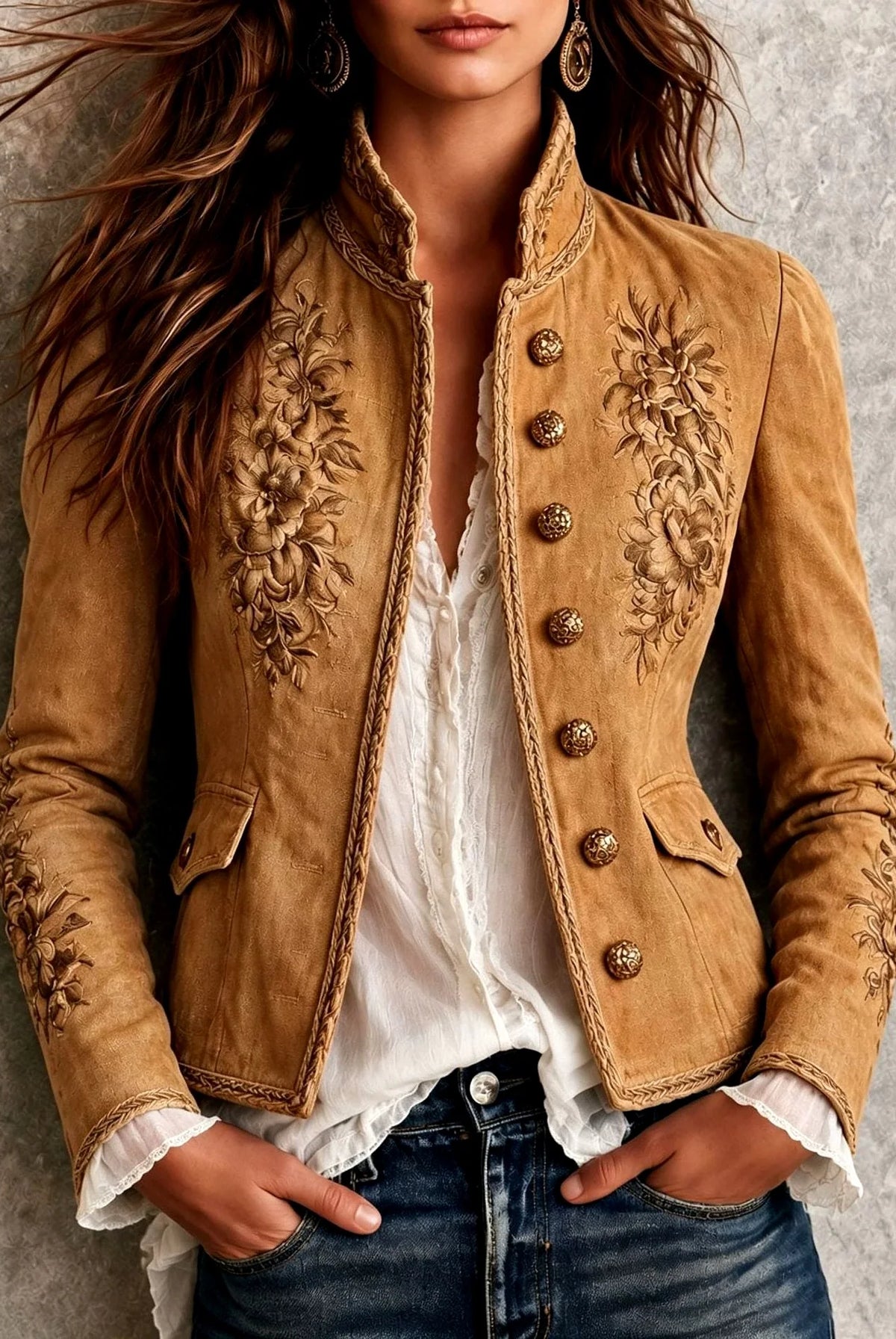 Women's Floral Embroidered Stand Collar Blazer with Braided Edging 1