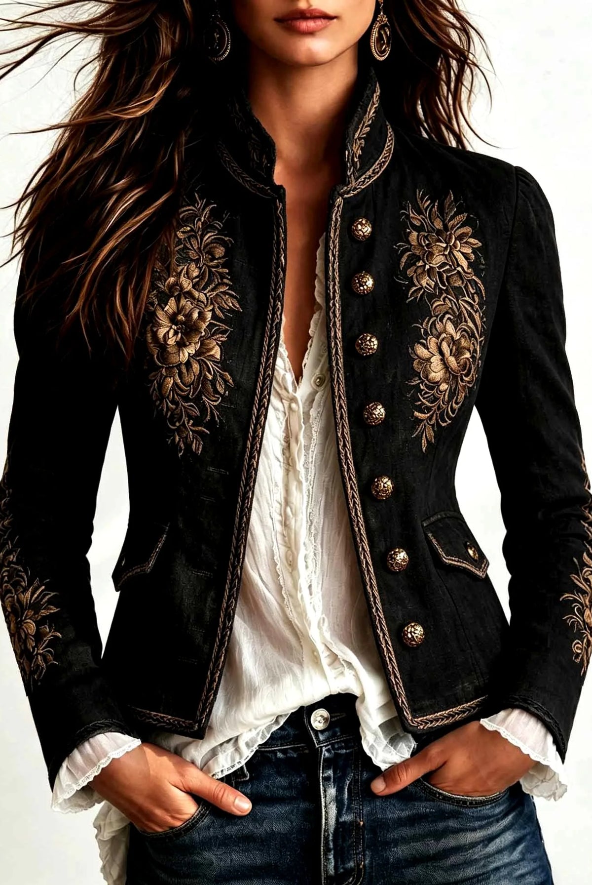 Women's Floral Embroidered Stand Collar Blazer with Braided Edging 2