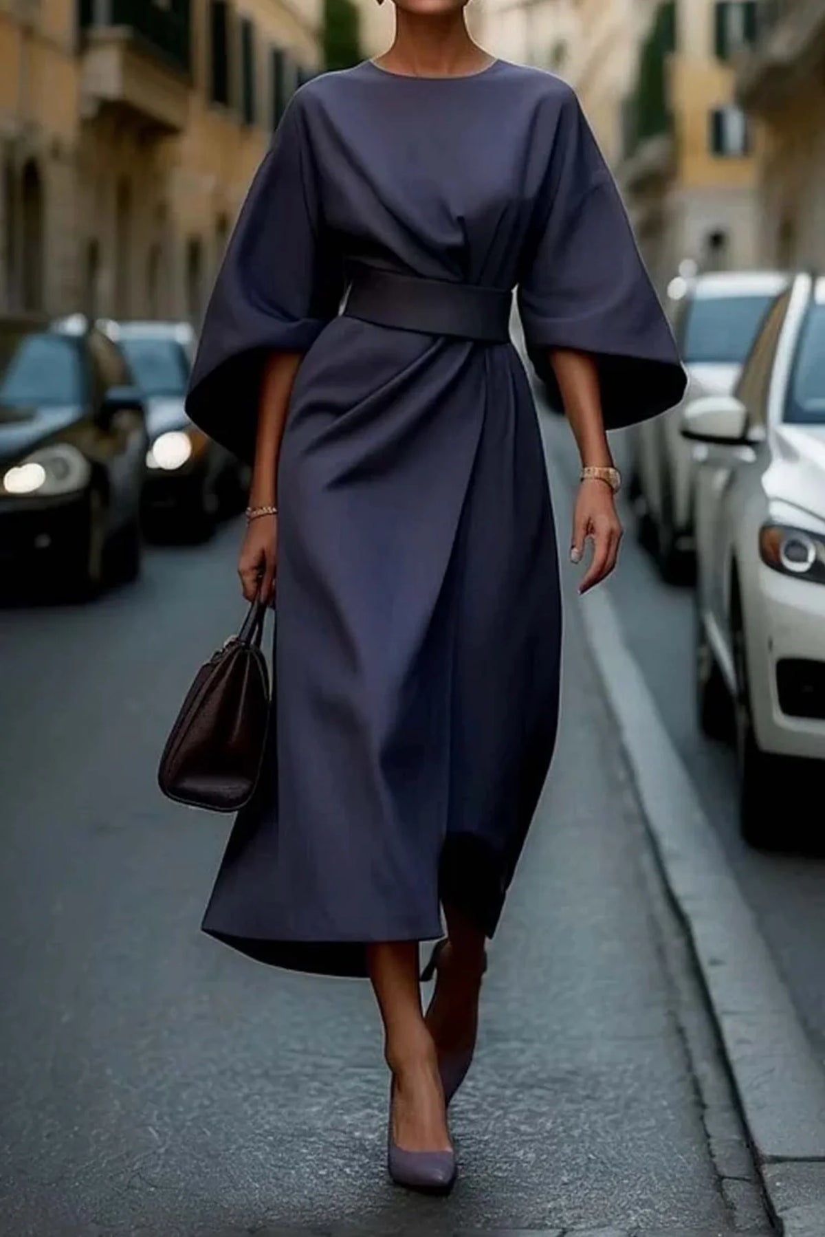 Women's Formal Dress with Lantern Sleeves and Waist Belt 0