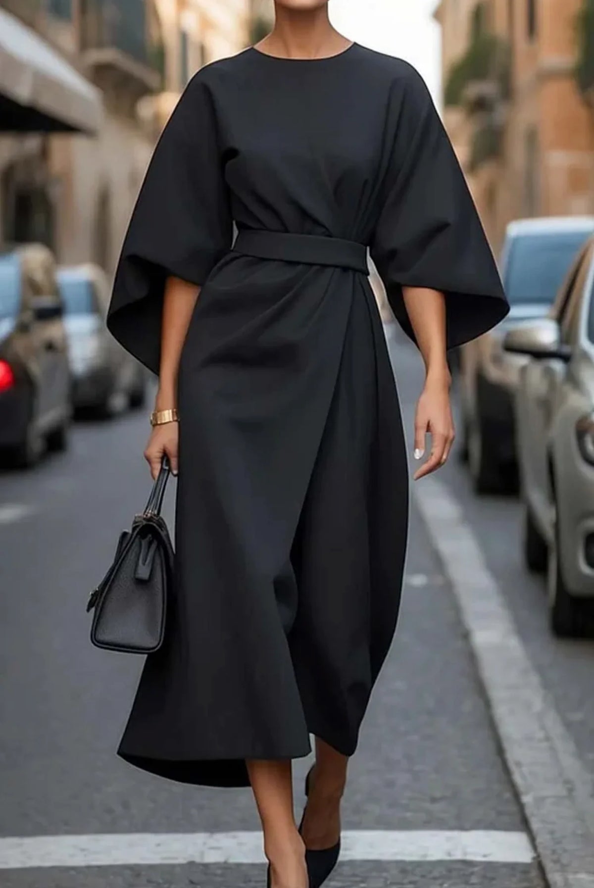 Women's Formal Dress with Lantern Sleeves and Waist Belt 3