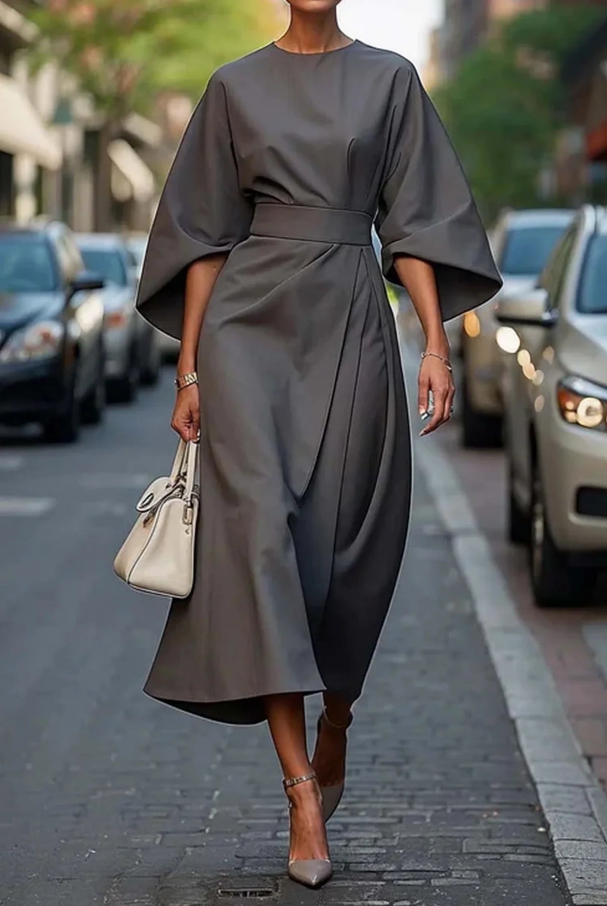 Women's Formal Dress with Lantern Sleeves and Waist Belt 5
