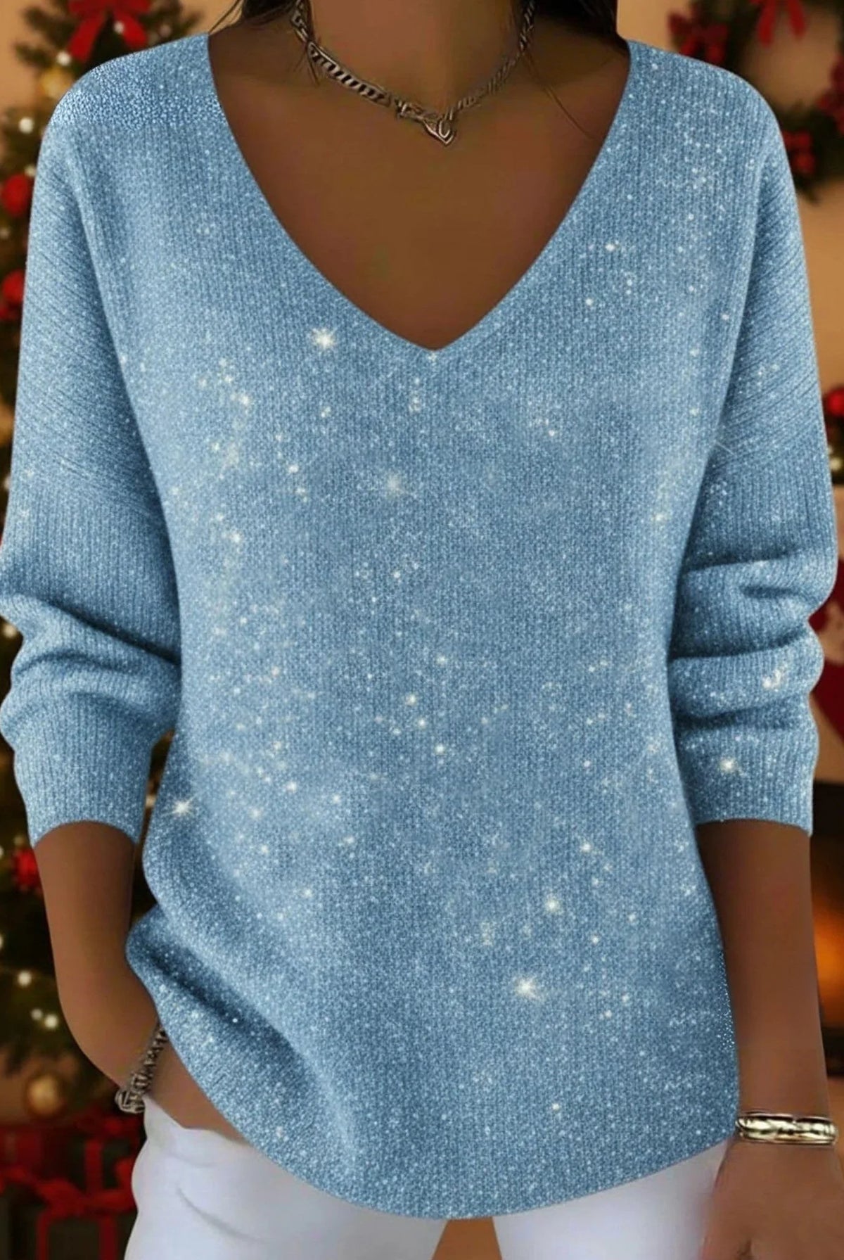 Women's Glitter V-Neck Christmas Sweater with Ribbed Cuffs 6
