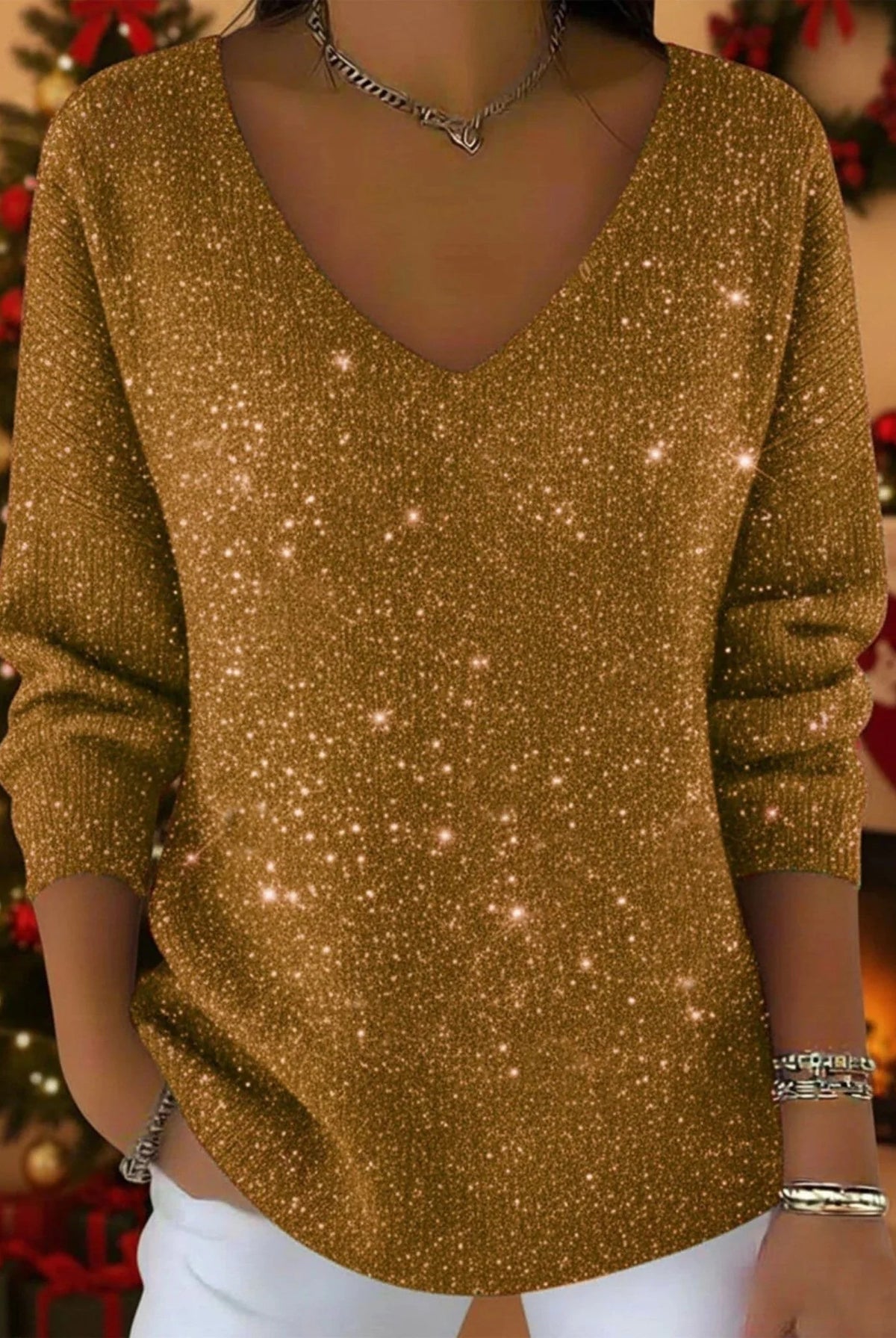 Women's Glitter V-Neck Christmas Sweater with Ribbed Cuffs 7