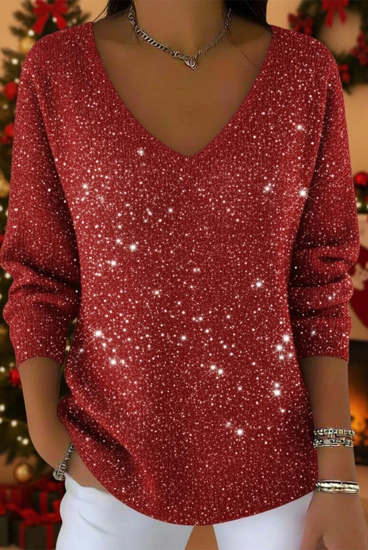 Women's Glitter V-Neck Christmas Sweater with Ribbed Cuffs 8