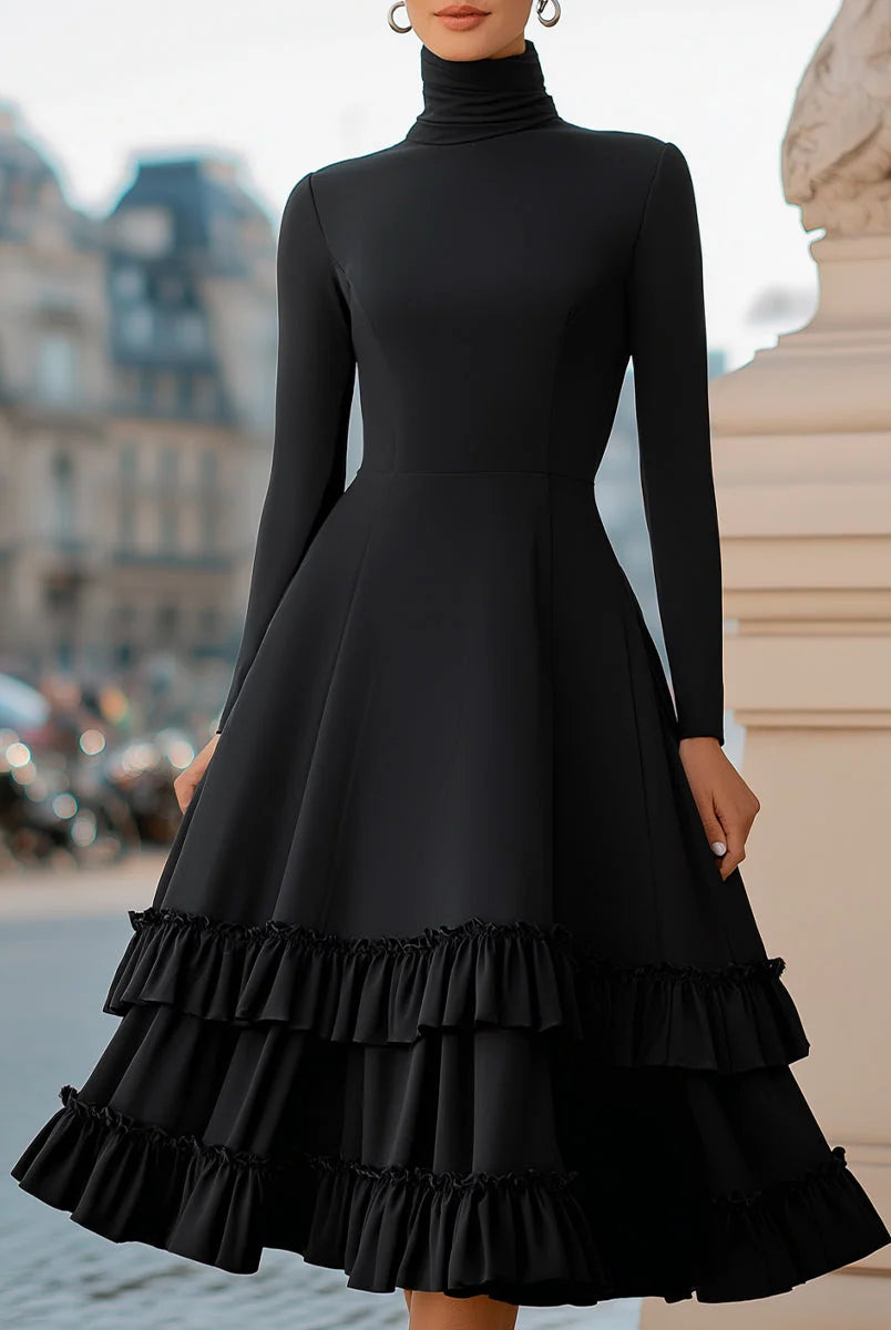 Women's High-Neck A-Line Tiered Ruffle Midi Dress for Formal Occasions 0