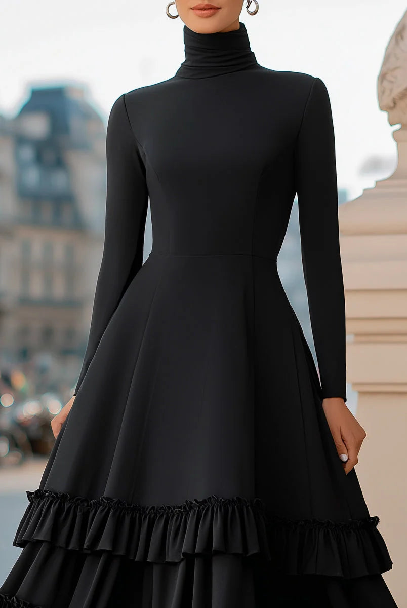 Women's High-Neck A-Line Tiered Ruffle Midi Dress for Formal Occasions 2