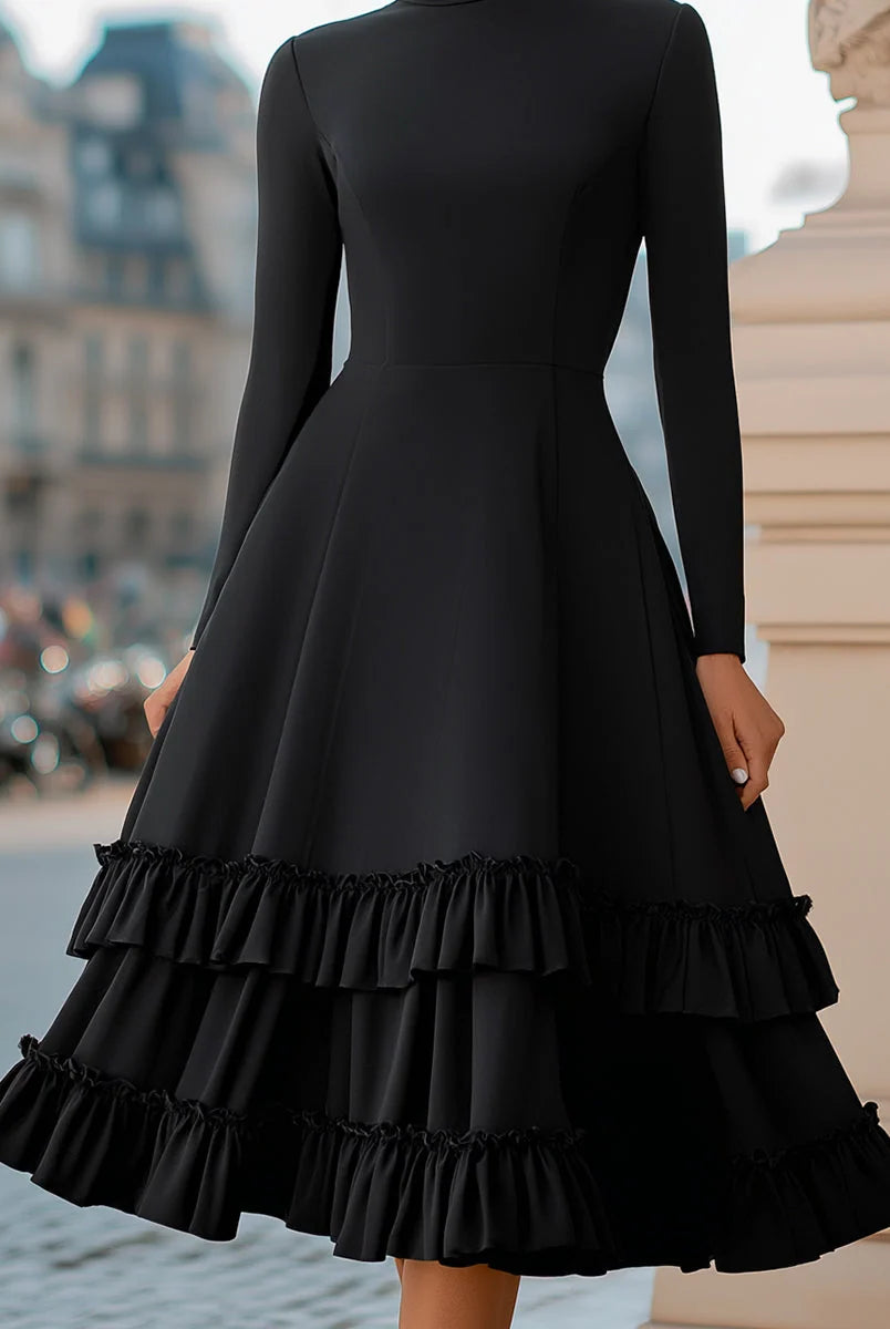 Women's High-Neck A-Line Tiered Ruffle Midi Dress for Formal Occasions 3